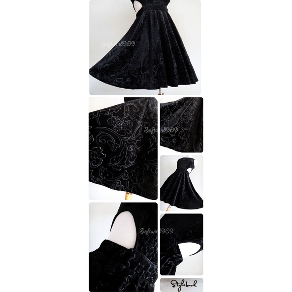 Black Velvet Mesh Inset Cutout Skater Party Dress - Picture 5 of 8